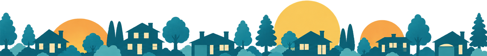 Illustrated suburban homes, trees and golden sunset