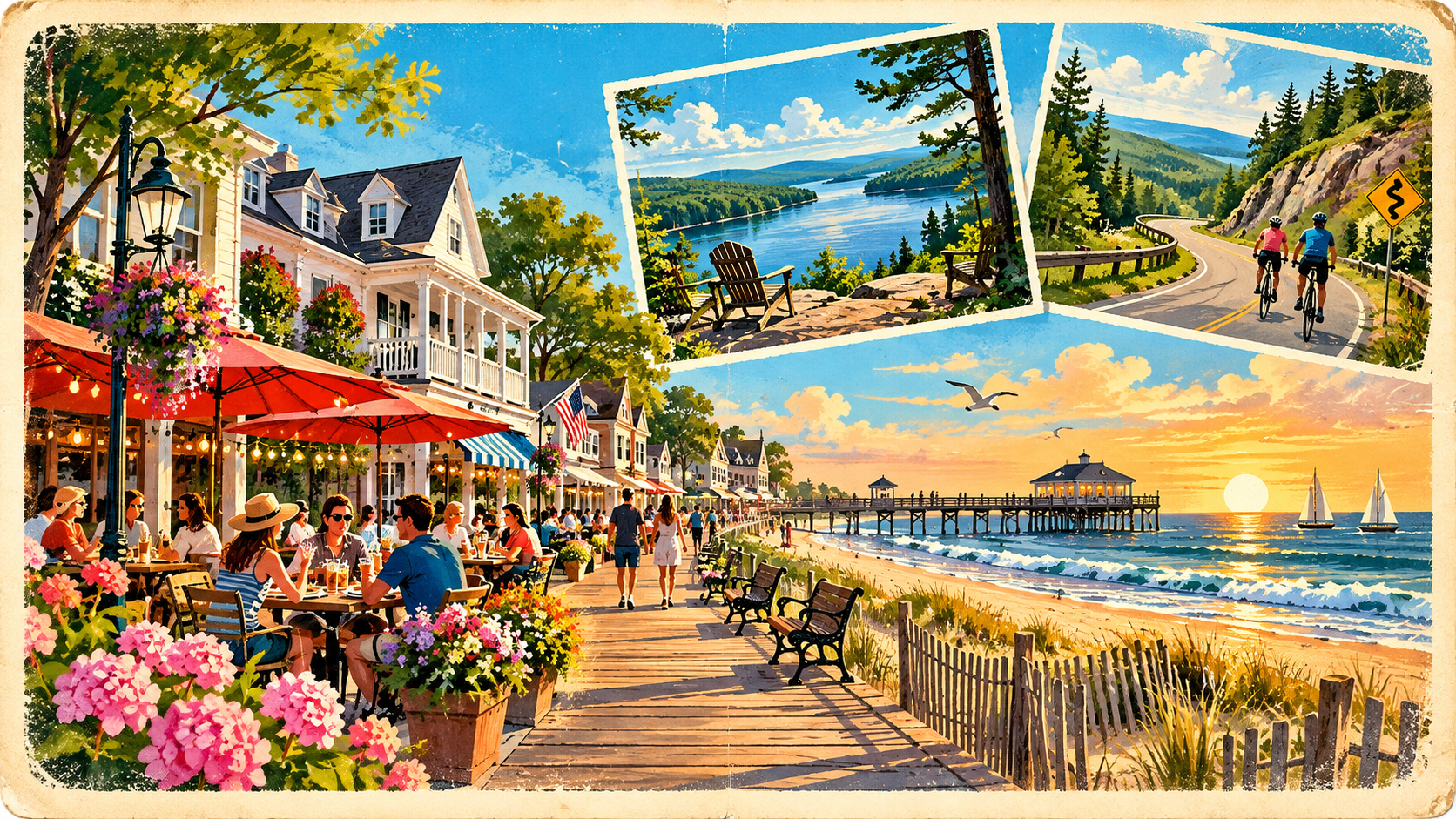 Postcard collage of beach, lake and cycling destinations